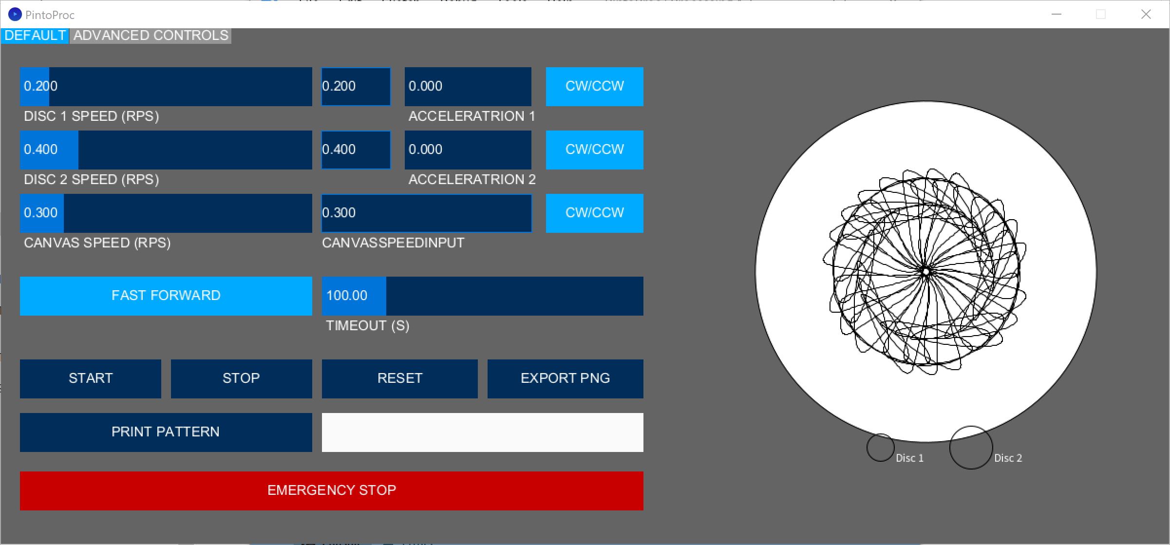 PintoProc GUI – motor controls and live simulation